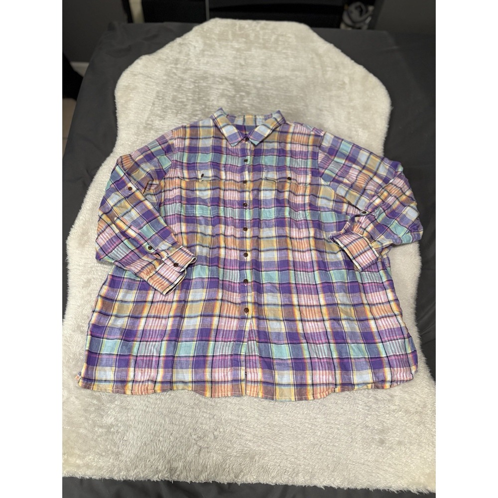 Lands End Womens Button Down Linen Purple Plaid Shirt Plus‎ Size 3X